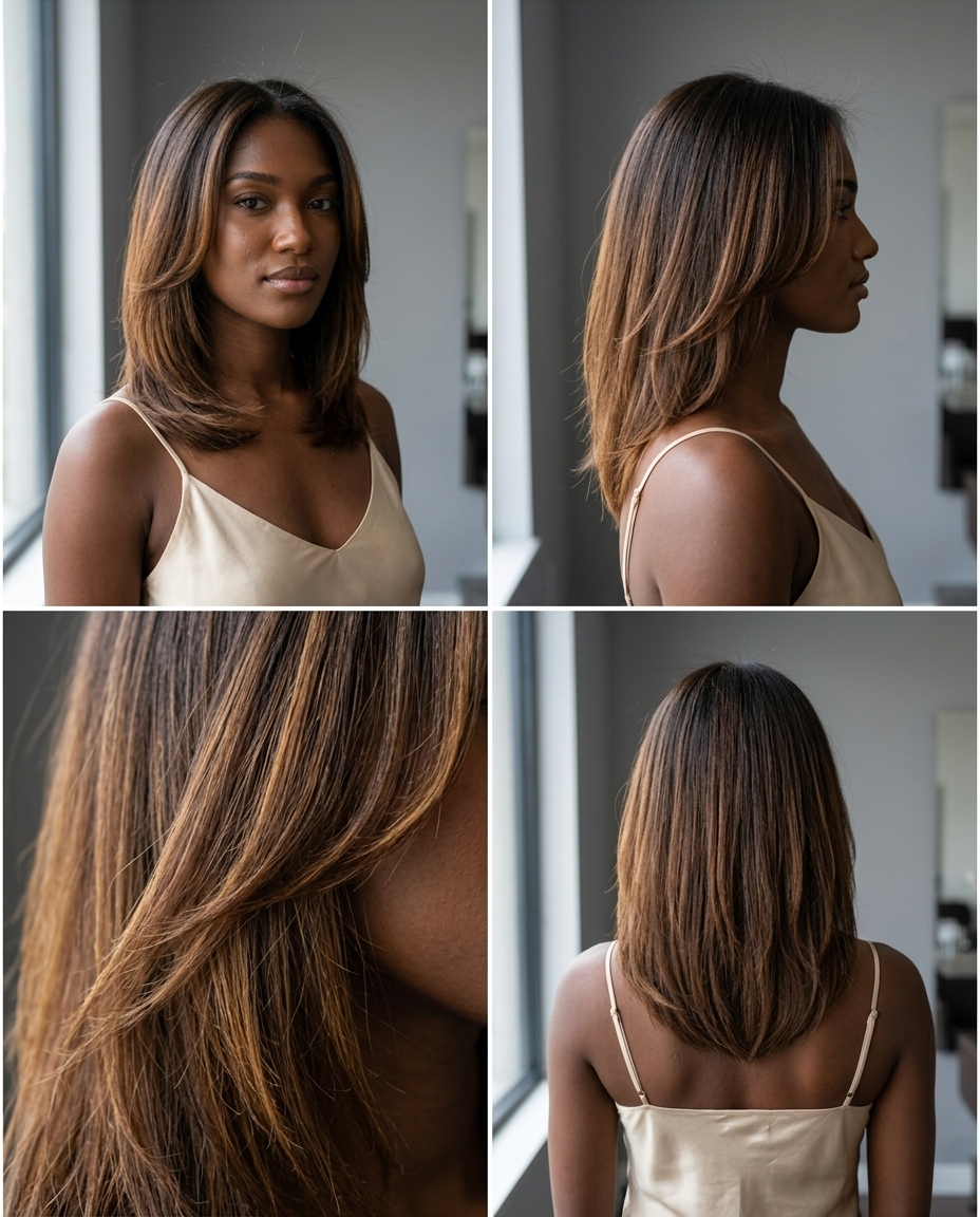 medium layered haircut with warm syrup brunette, honey ribbon highlights, face-framing pieces — romantic European summer