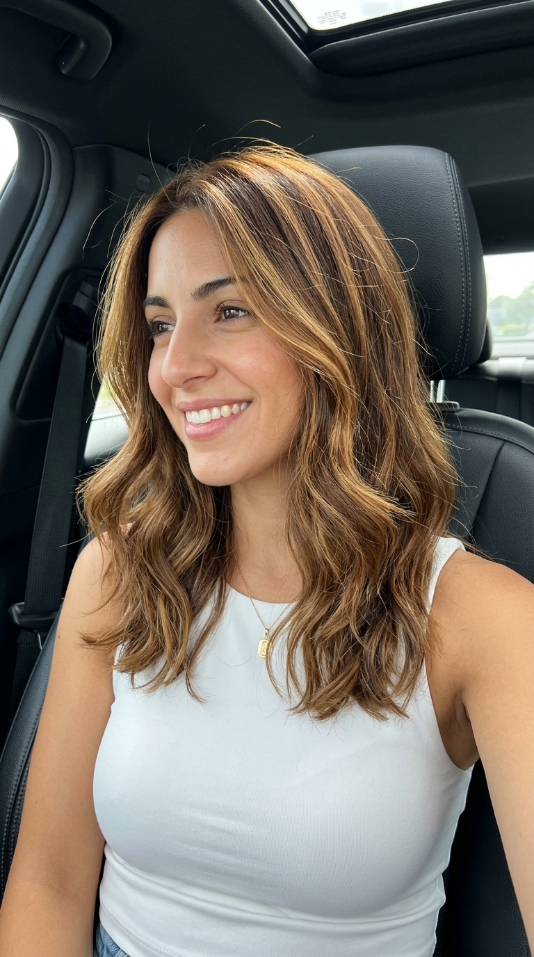 medium wavy haircut with syrup brunette and honey ribbons for summer