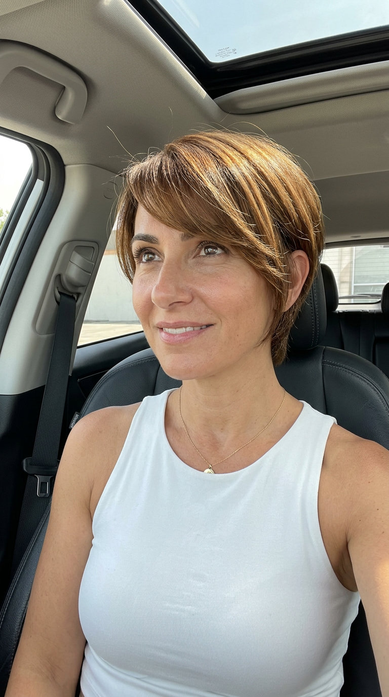 short warm syrup brunette pixie haircut with sweeping fringe, tapered sides — soft & feminine