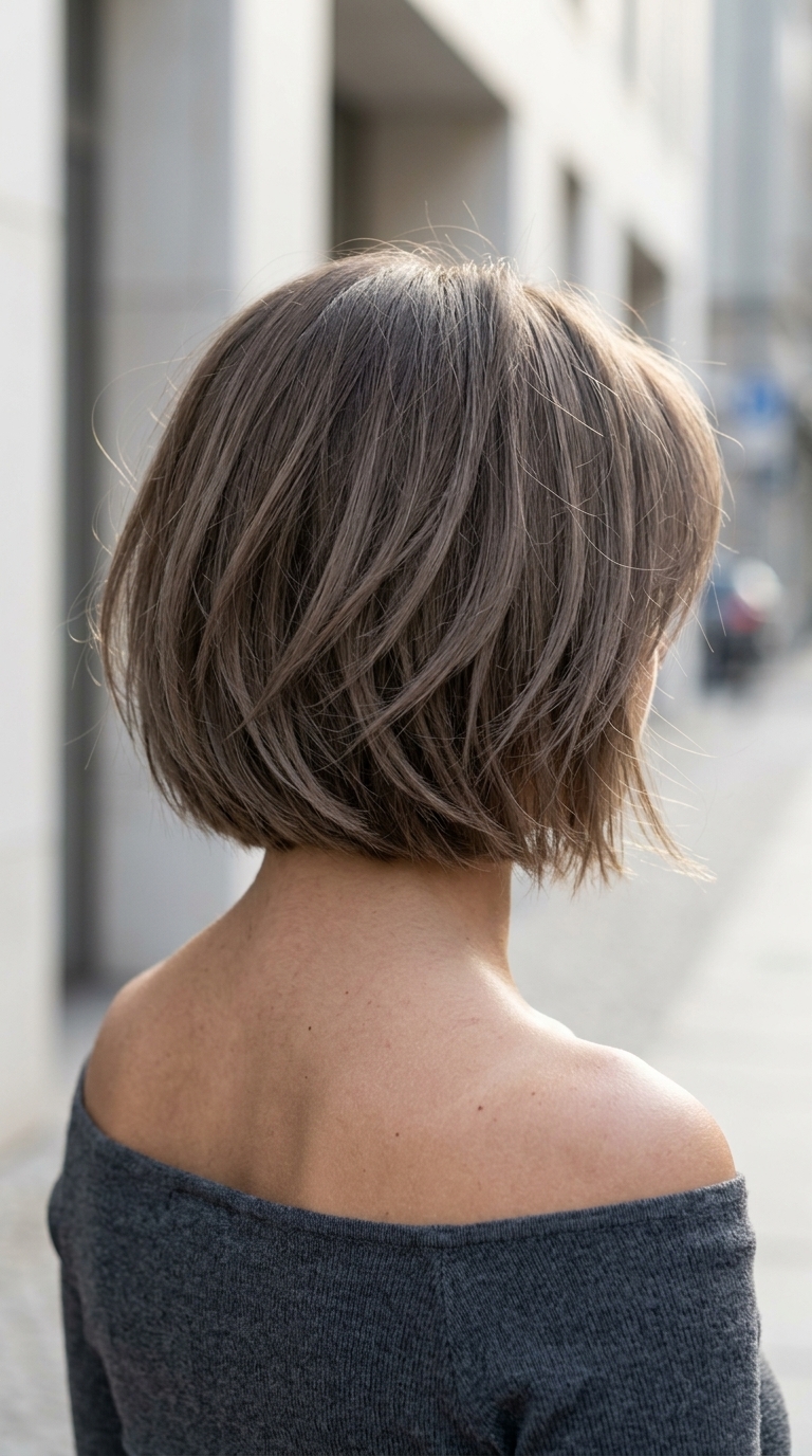 chin-length italian bob haircut with taupe brunette ash lowlights, razored texture, no bangs — edgy modern look
