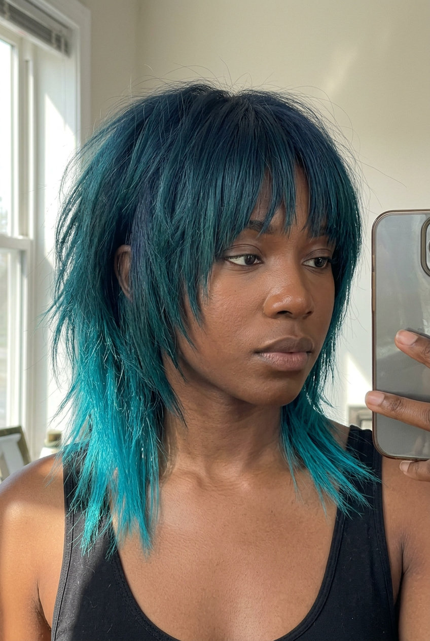 medium layered wolf cut in teal ombré with turquoise ends, razored texture, and blunt bangs for summer