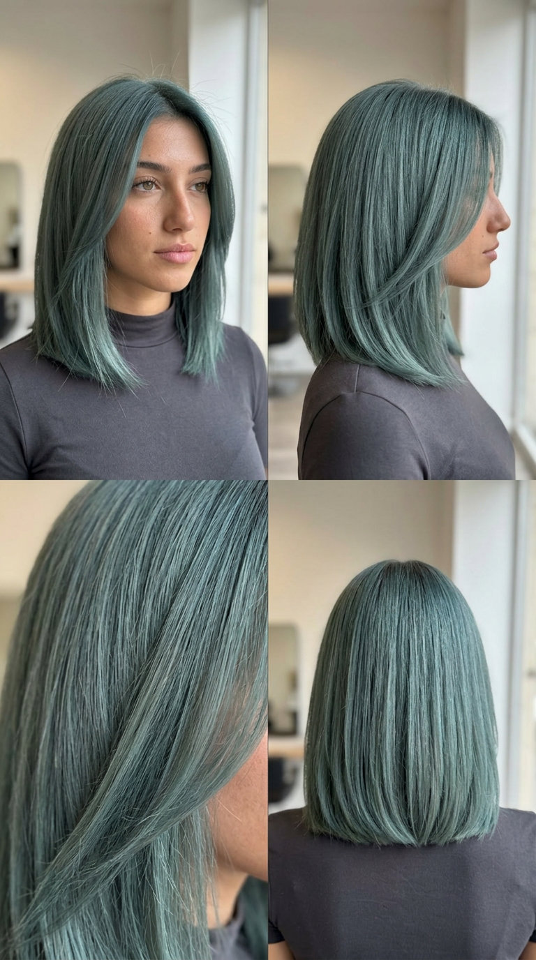 textured lob in muted teal with blue-green undertones, full head application for artistic look