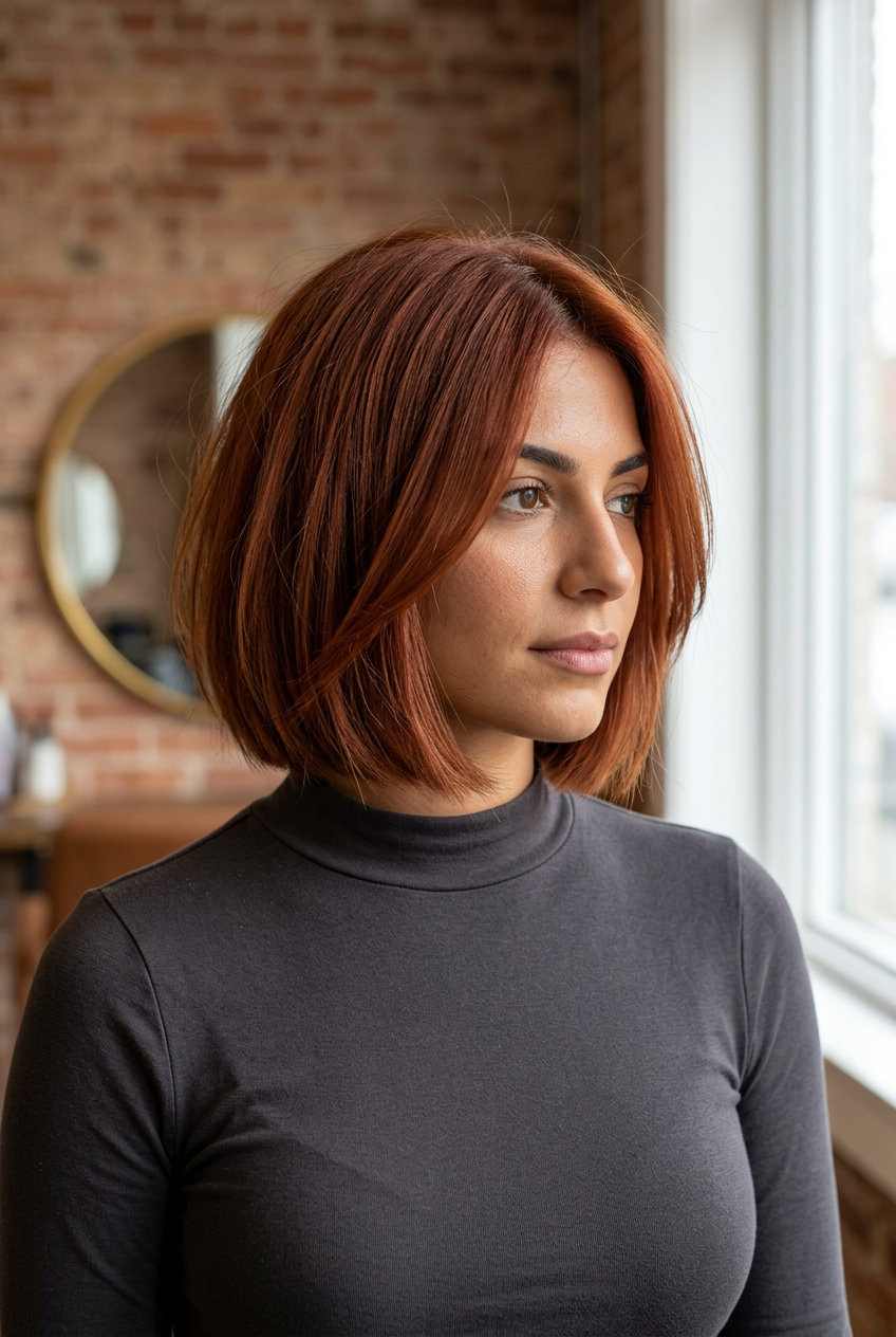 chin-length bob in matte terracotta clay auburn, blunt perimeter & subtle internal layers — minimalist french chic style