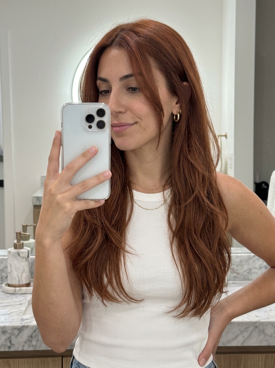 long layered hair terracotta clay auburn with matte finish, seamless layers, U-shaped back — boho ethereal