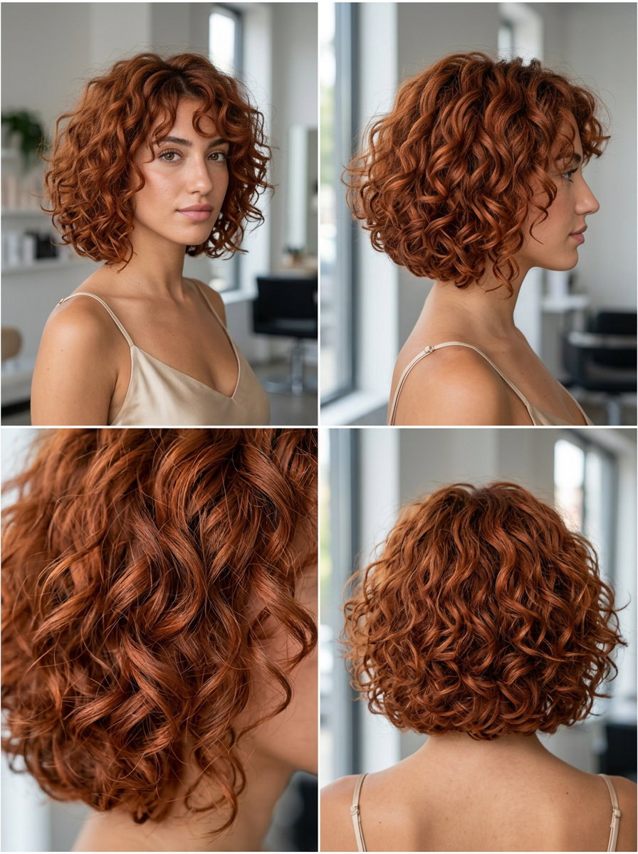 chin-length bob haircut for curls in terracotta copper with deep root for summer 2026