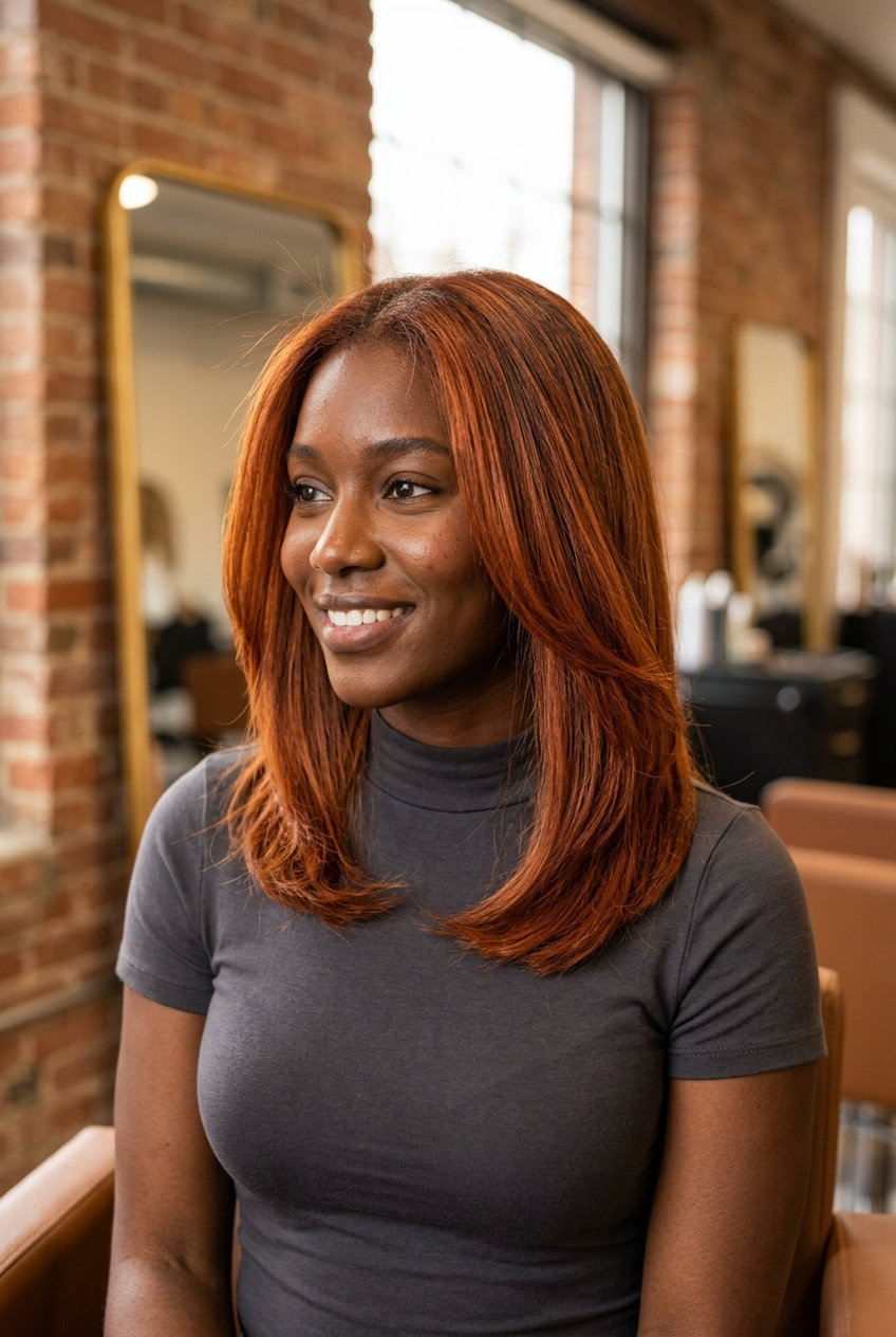 long terracotta copper foilayage with warm penny undertones, multidimensional sun-baked red — bold music festival look