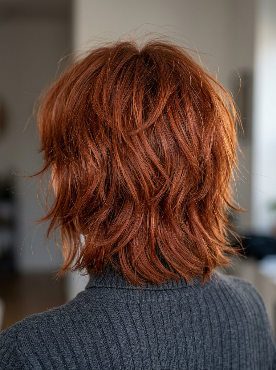 shoulder-grazing shag haircut in terracotta copper with curtain bangs, choppy layers, for playful looks