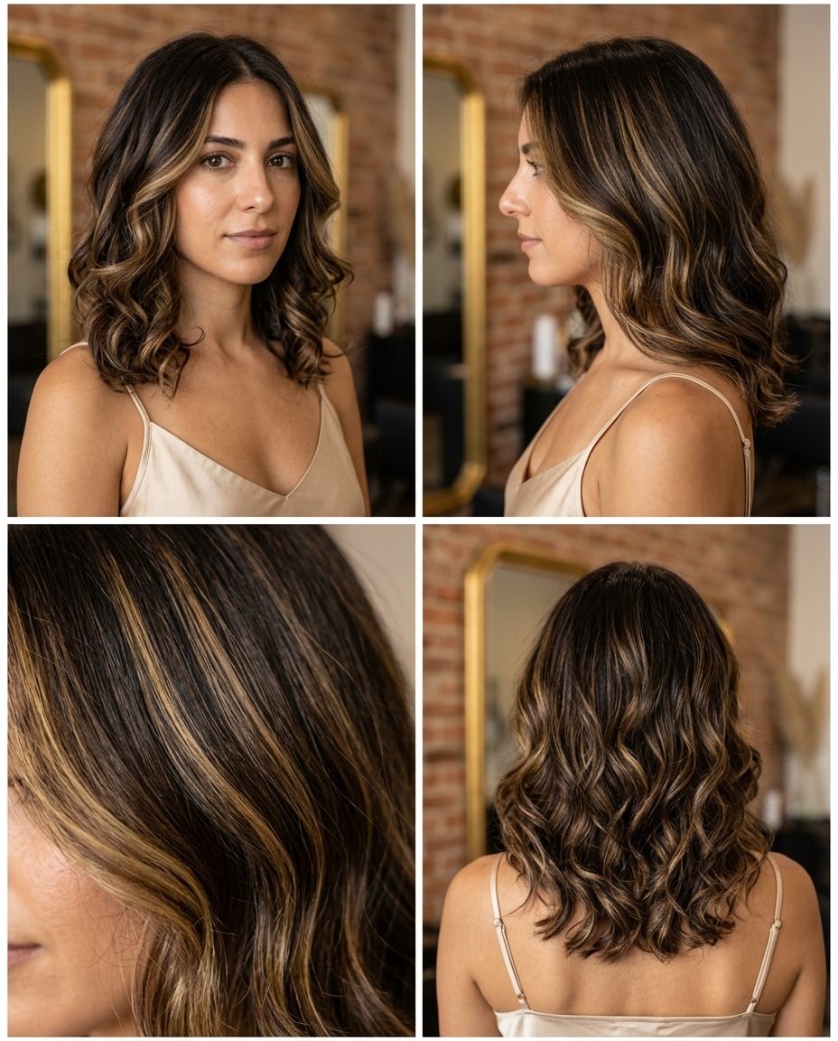 long brown hair with tiramisu golden mascarpone highlights, foilayage and highlights, no fringe — bold, rich, luxurious