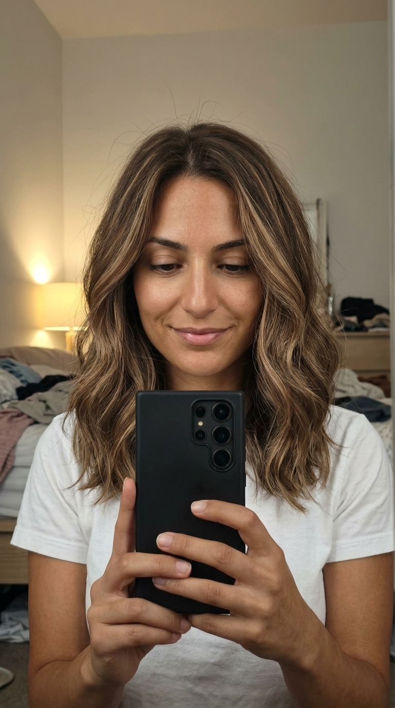 long brown hair with toasted almond highlights, diffused teasylights, no fringe — soft, natural, understated
