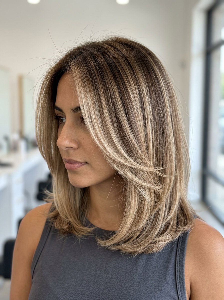 medium-length champagne honey blonde hair with toasted brown base, curve cut, natural hair — sophisticated retro