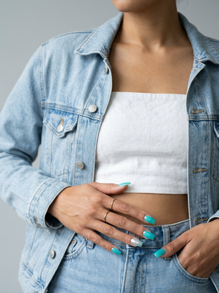 Aqua Jelly Chrome Accent Nails: Trending summer nails 2026 for vacation, festivals, and casual outings. Playful, modern style.