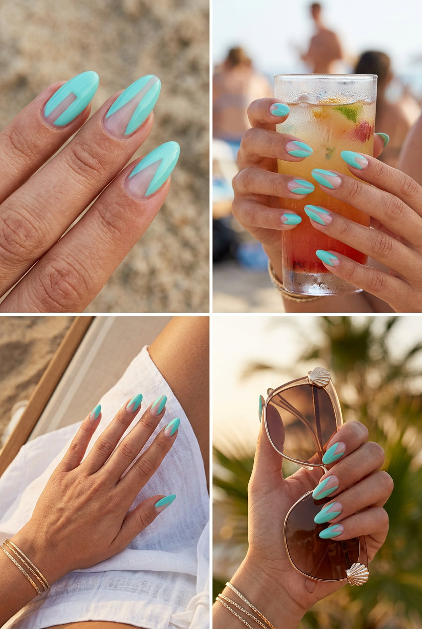 Aqua negative space almond nails are trending summer nails 2026 for festivals and artistic looks.
