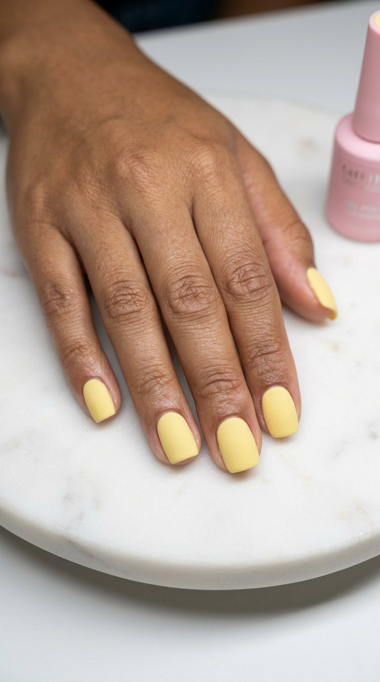 Sophisticated butter yellow velvet matte squoval nails for cozy, playful vibes in trending summer nails 2026.