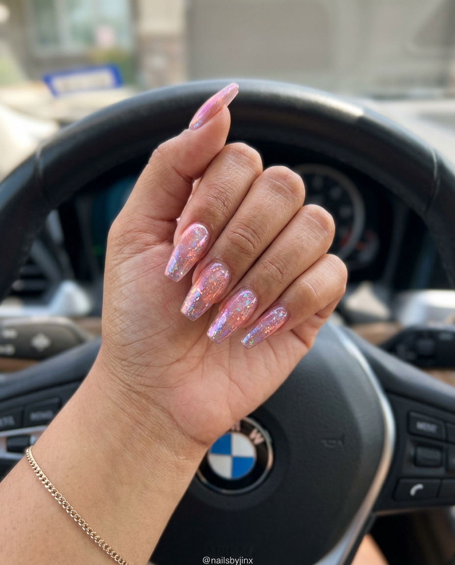 Chrome Flakes Jelly Coffin Nails: Trending summer nails 2026 for date nights, parties, evening outs. Glamorous, edgy style.