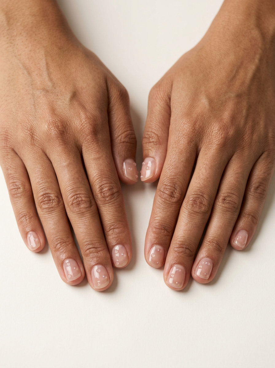 Minimalist clear jelly round nails with subtle raised dots, a clean look for trending summer nails 2026 daily wear.