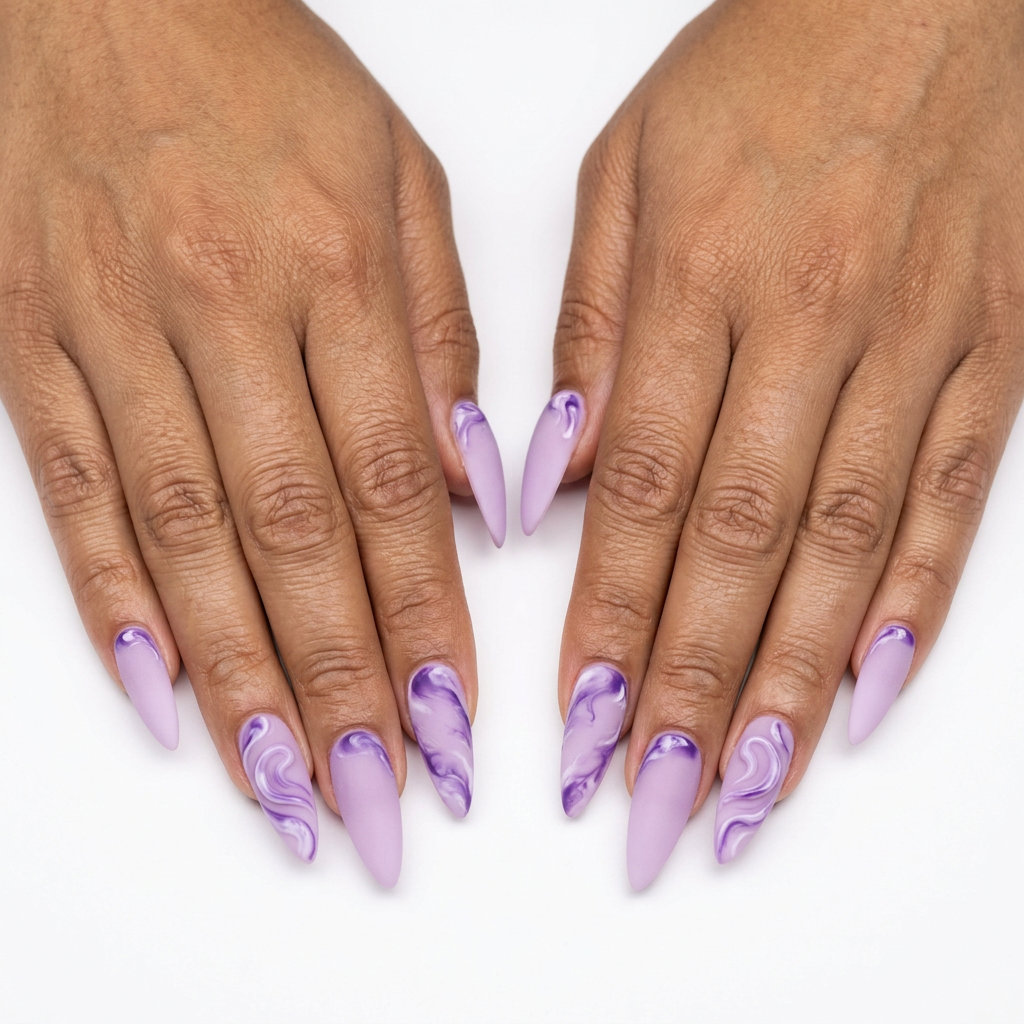 Matte lilac marble stiletto nails are trending summer nails 2026 for sophisticated evening events.