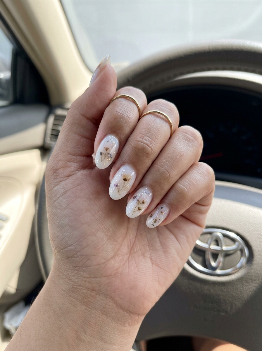 Milky white oval nails with encapsulated flowers are trending summer nails 2026 for weddings and special events.