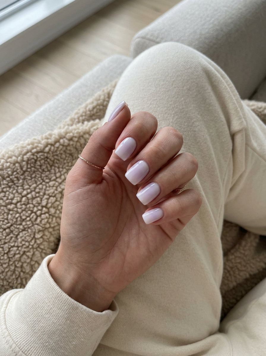 Milky Lavender Ombre Square Nails: Trending summer nails 2026 for weddings, bridal showers, spring events. Romantic, ethereal style.