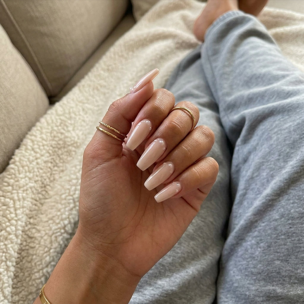 Sophisticated milky nude coffin nails with delicate clear 3D gel pearls, perfect for trending summer nails 2026 formal events.