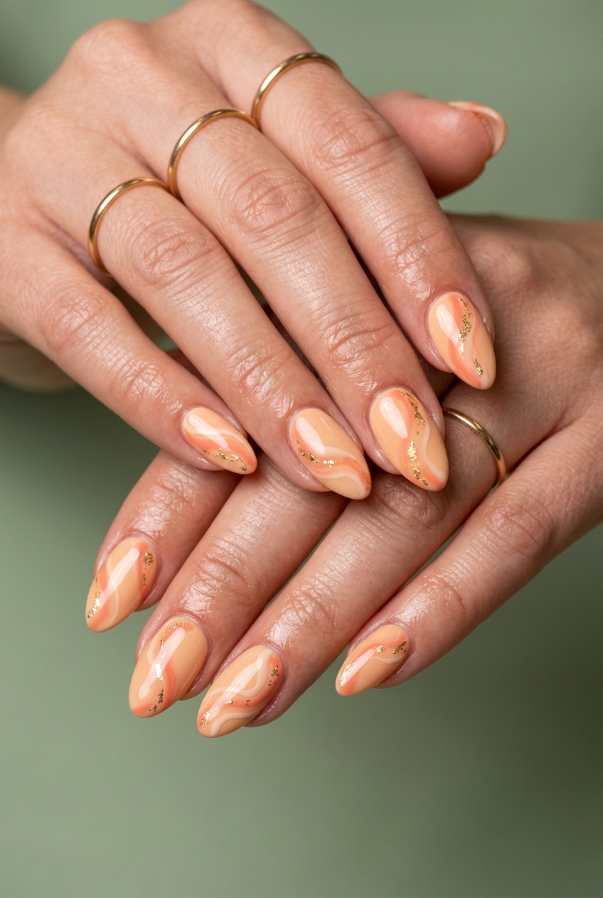 Peach Abstract Swirls Almond Nails: Trending summer nails 2026 for vacation, bohemian events, and casual chic. Artistic, warm style.