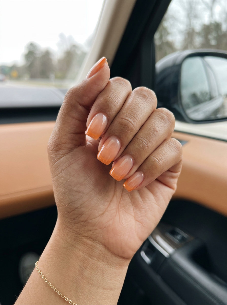 Clean-girl peachy sunset French squoval nails, minimalist and romantic for trending summer nails 2026 daily wear.