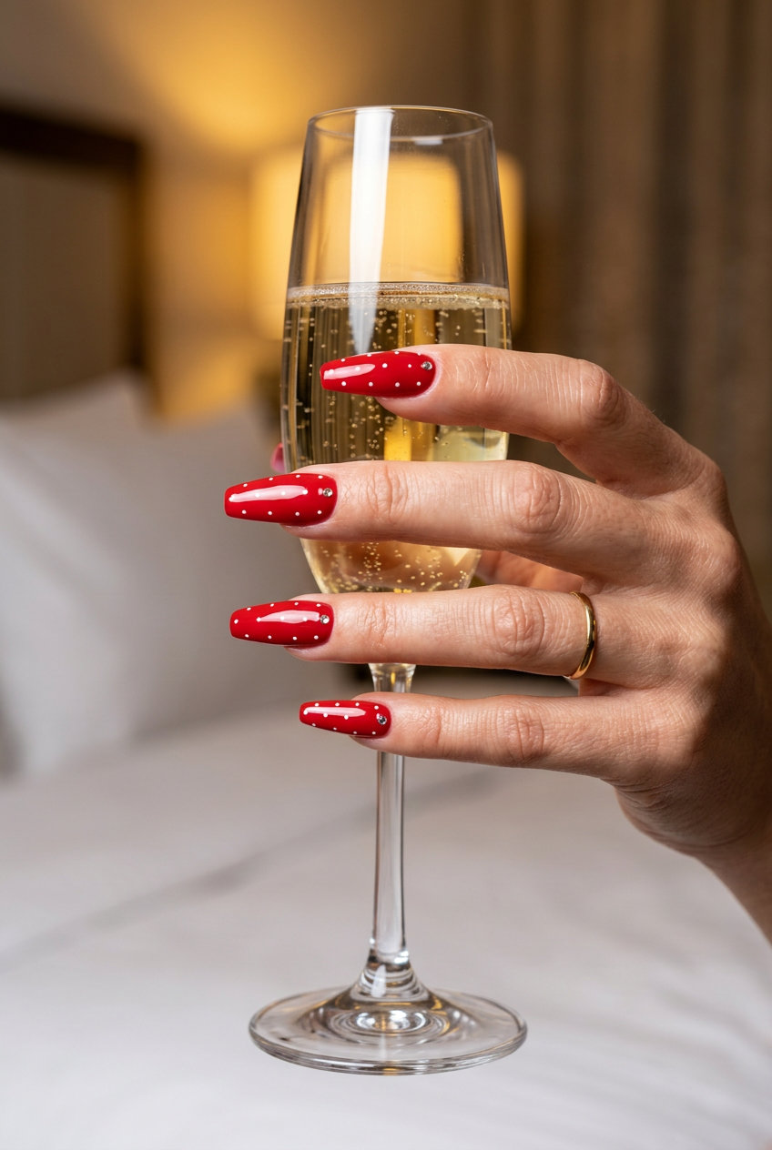 Playful classic red almond nails with white dots, a retro chic style for trending summer nails 2026 date nights.