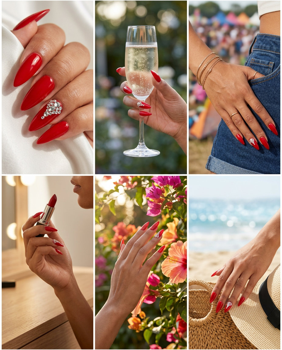 Classic Red Rhinestone Accent Stiletto: Trending summer nails 2026 for parties, nights out, festivals. Glamorous, bold style.