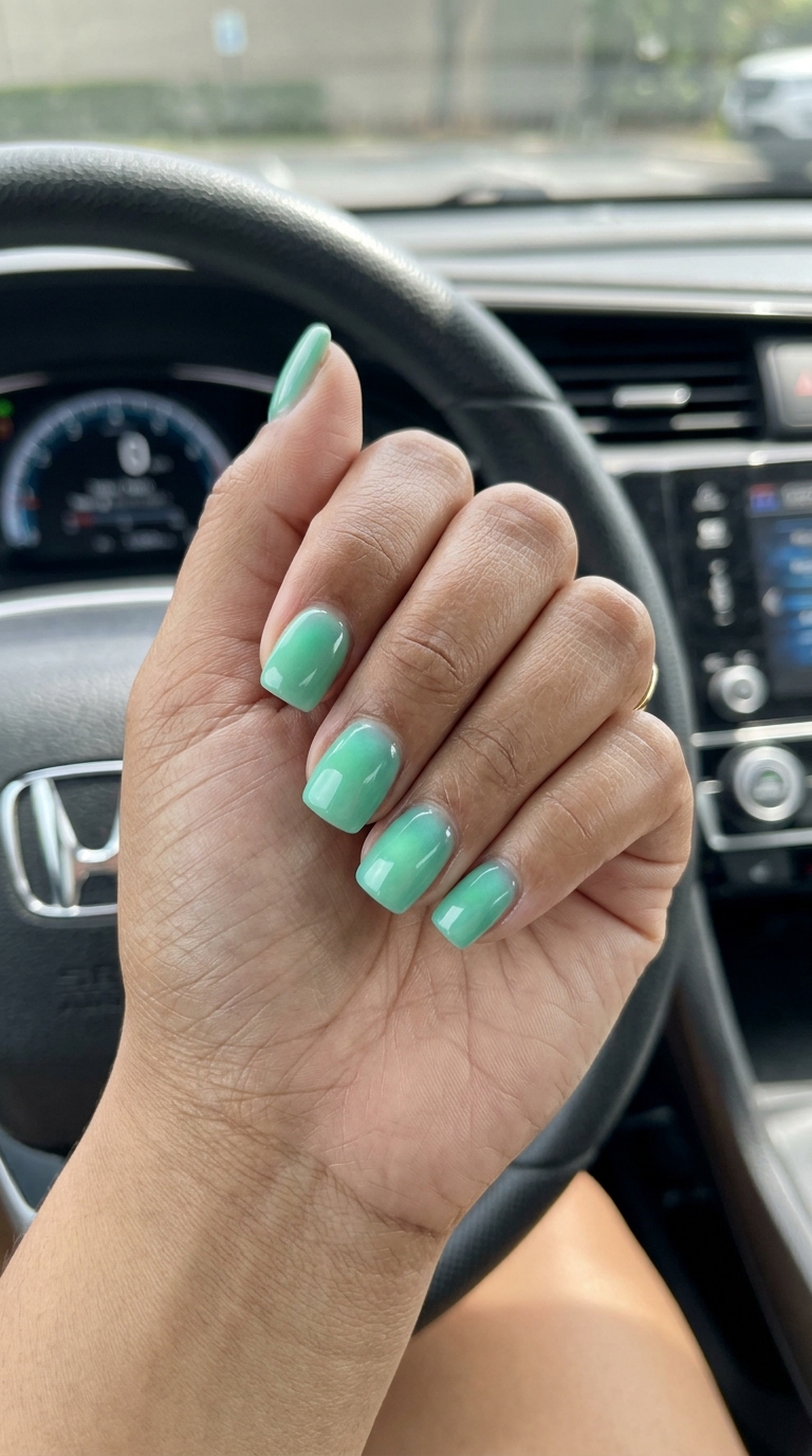 Seafoam Aura Glow Square Nails: Trending summer nails 2026 for casual days, festivals. Whimsical, fresh style.