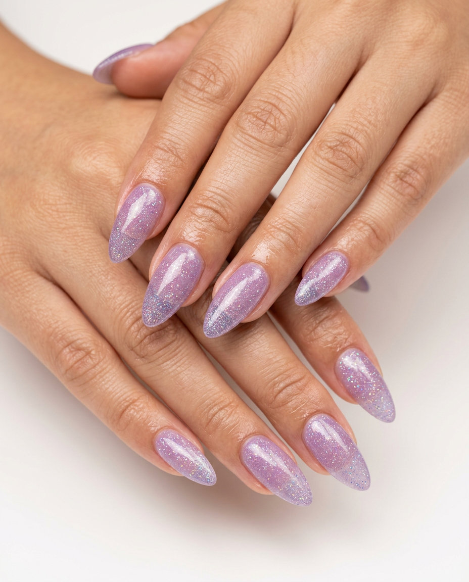 Sparkling Lavender Jelly Nails: Trending summer nails 2026 for festivals, date nights, and parties. Whimsical, romantic style.