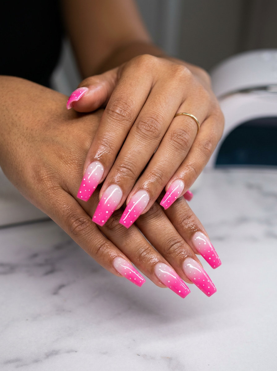 Hot pink to sheer white gradient nails with white micro-dots for tropical nail designs 2026. Fun for parties and summer festivals.