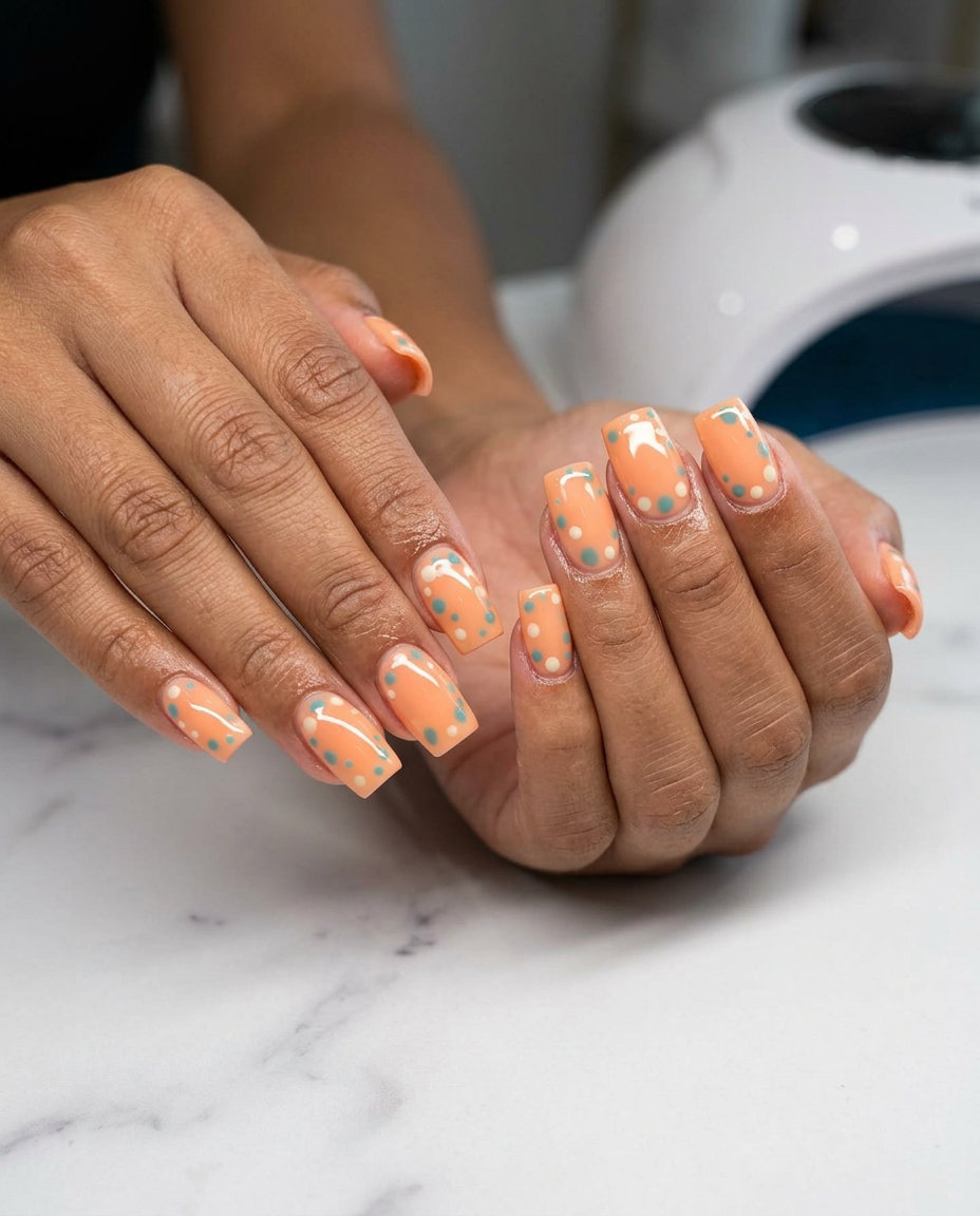Coral Orange Abstract Dots tropical nail designs for casual daily wear 2026.