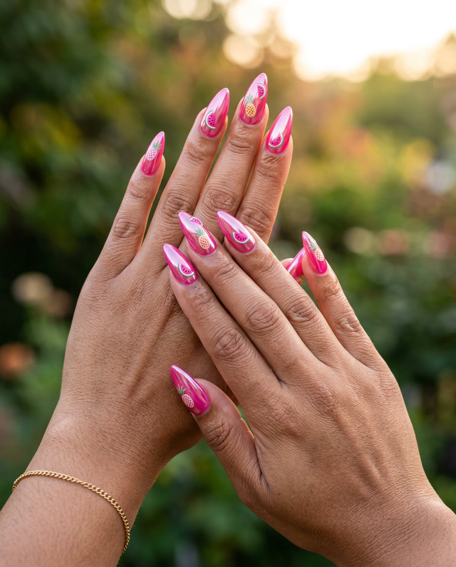 Edgy tropical nail designs 2026: Hot pink chrome with stylized fruit slices on stiletto nails for parties.