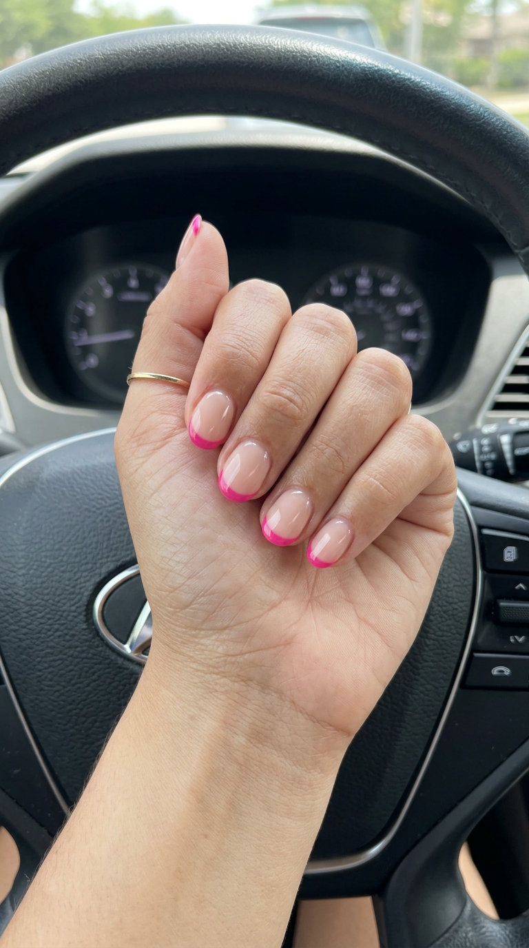 Playful tropical nail designs 2026: Hot pink reverse French tips on a sheer nude base, ideal for casual brunch or daily wear.
