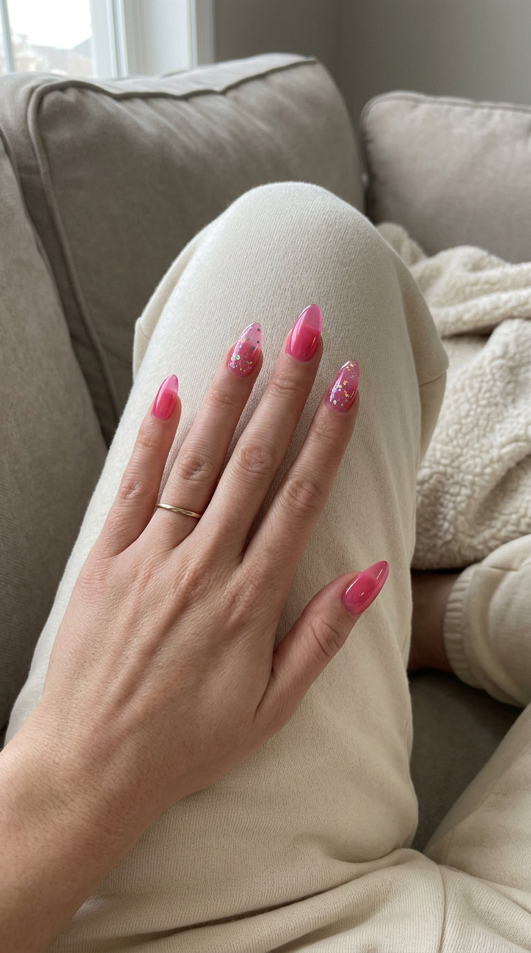 Juicy Hot Pink Sparkle Jelly tropical nail designs for parties and festivals 2026.