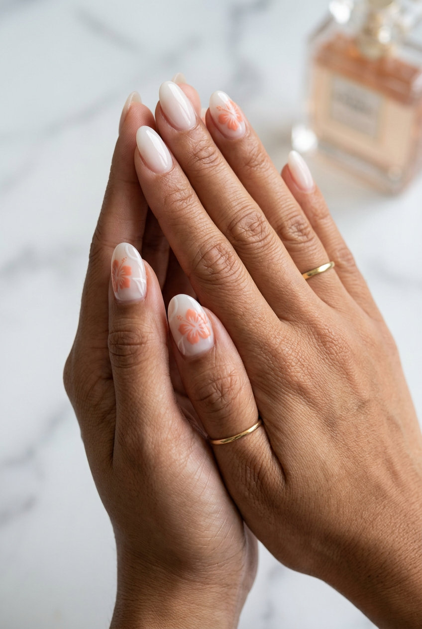 Elegant tropical nail designs 2026: Sheer milky white with minimalist pink hibiscus accents for sophisticated events.