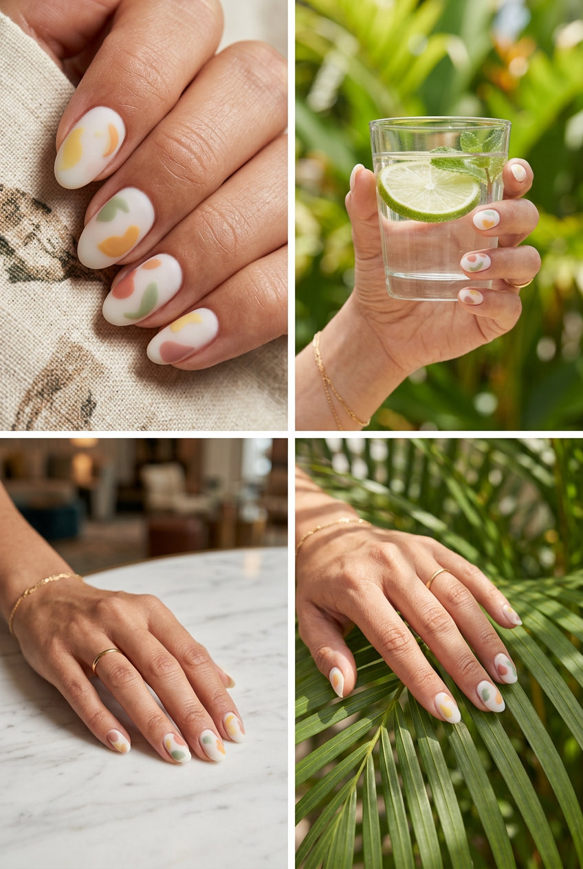 Modern Fruit Still Life matte nails with abstract tropical designs for vacation 2026.