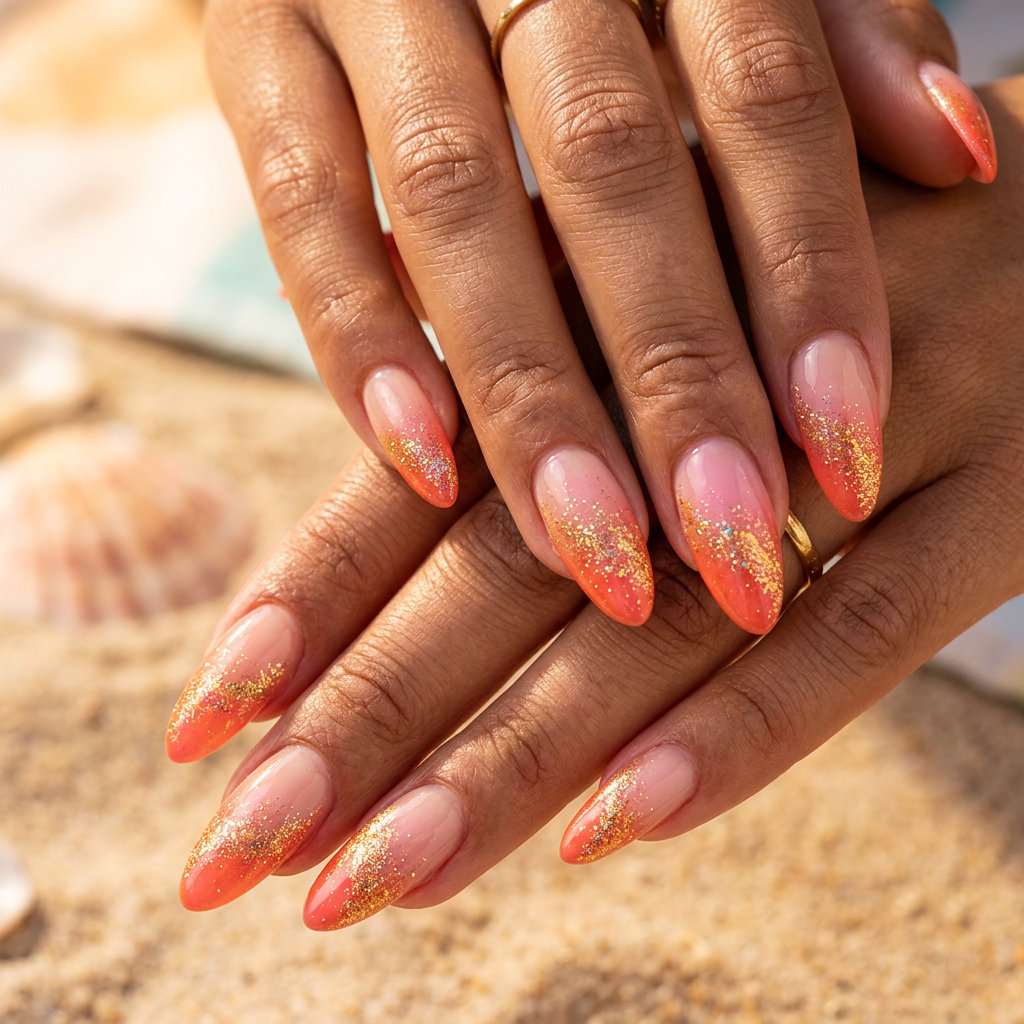 Sunset Sparkle Waves tropical nail designs for date night and vacation 2026.