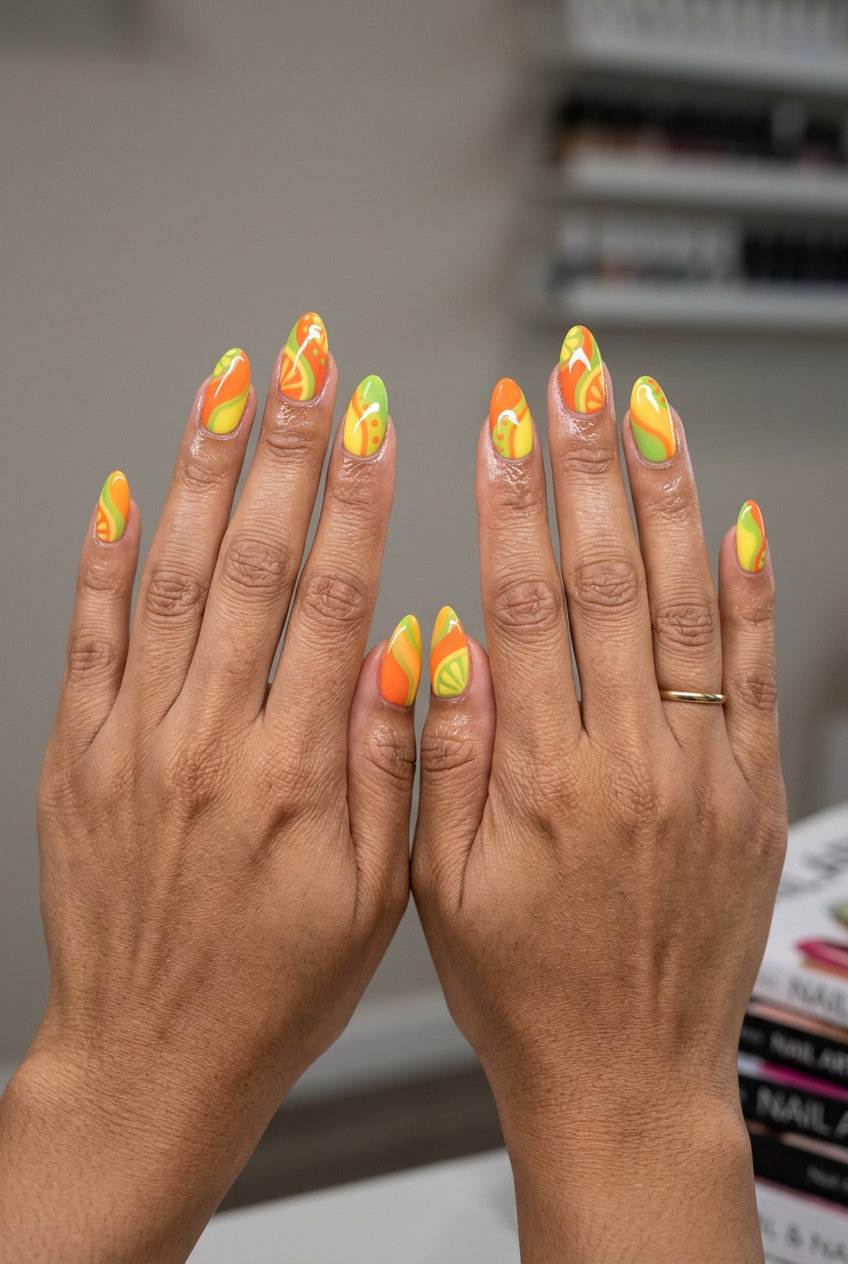Playful tropical nail designs 2026: Zesty abstract art with vibrant orange, yellow, and lime green on short rounded nails.