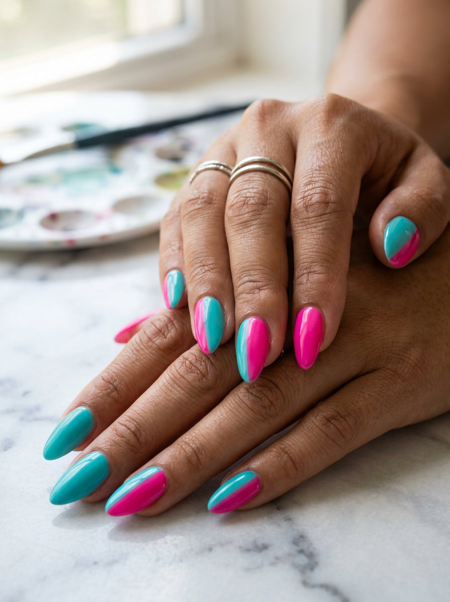 Turquoise and hot pink abstract block almond nails for bold tropical nail designs 2026. Perfect for festivals and parties.
