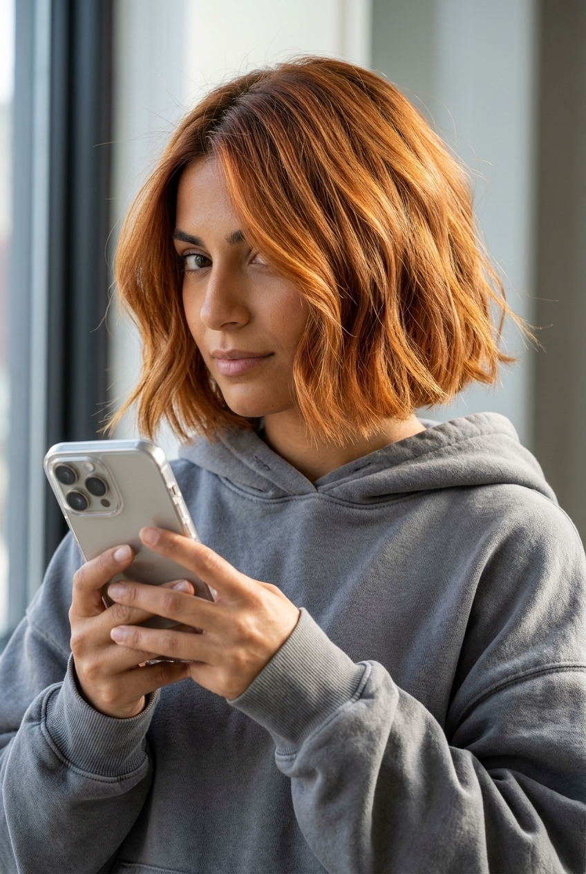 chin-length italian bob haircut in Tuscan Sun Copper with gold balayage and internal texturizing — bohemian summer