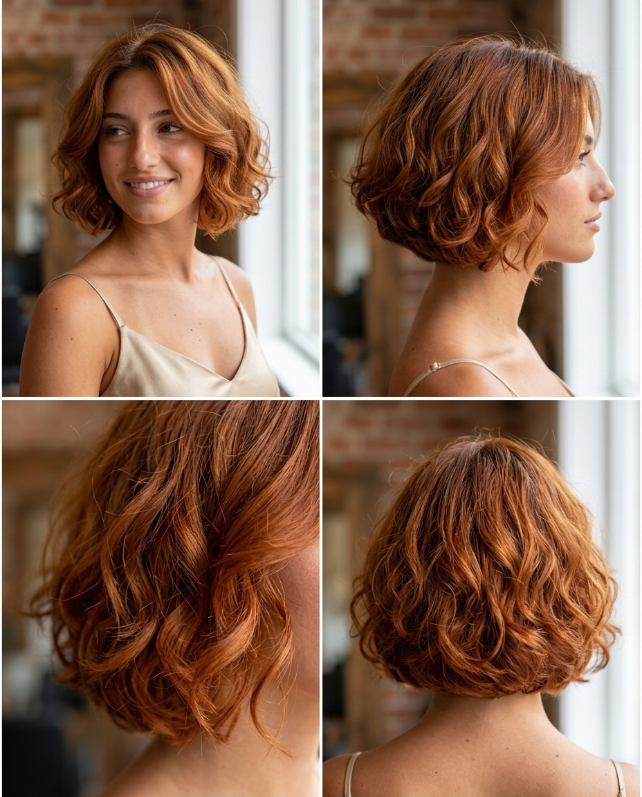 chin-length italian bob haircut in muted golden-red Tuscan Sun Copper with internal layering for natural curl — playful summer vacation