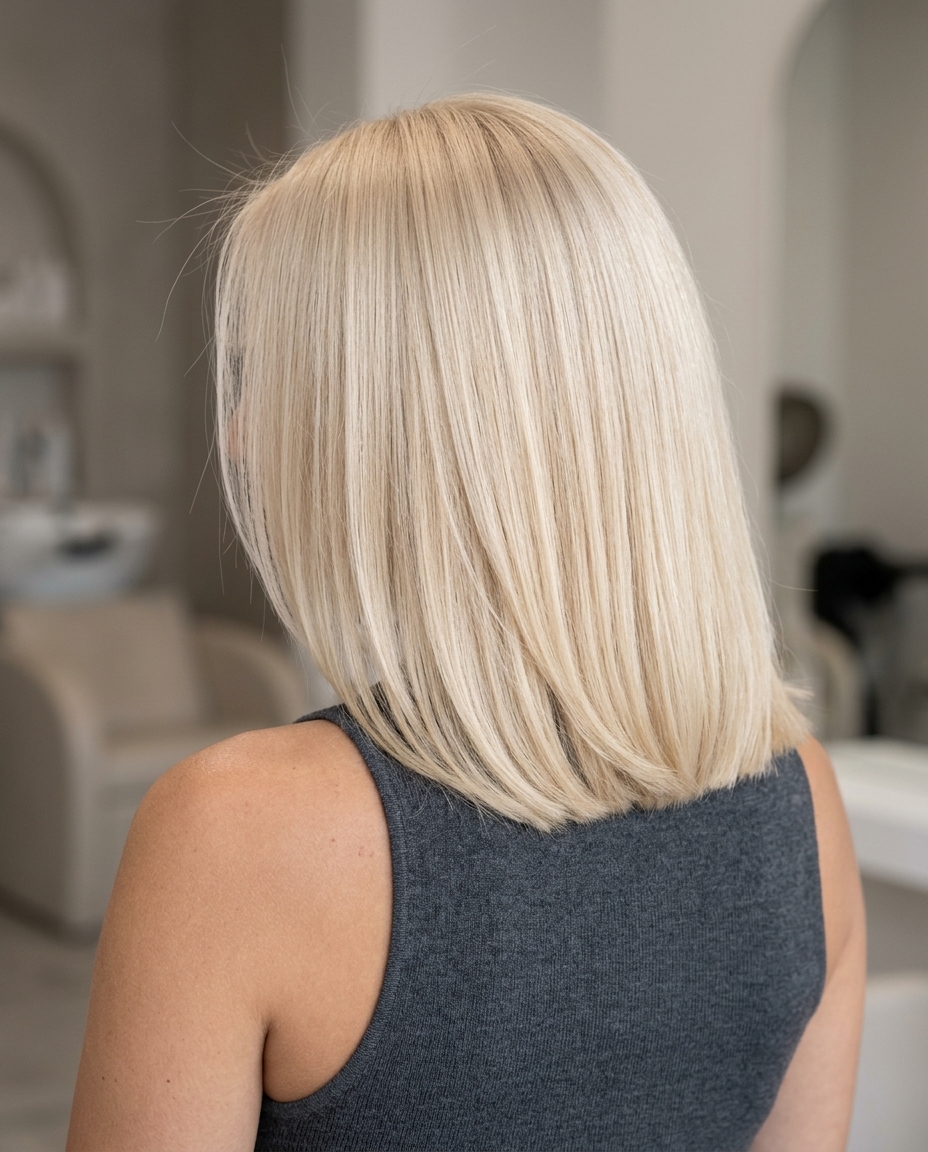 shoulder-length bob buttery blonde hair with vanilla bean tone, uniform high-level blonde — sophisticated date night