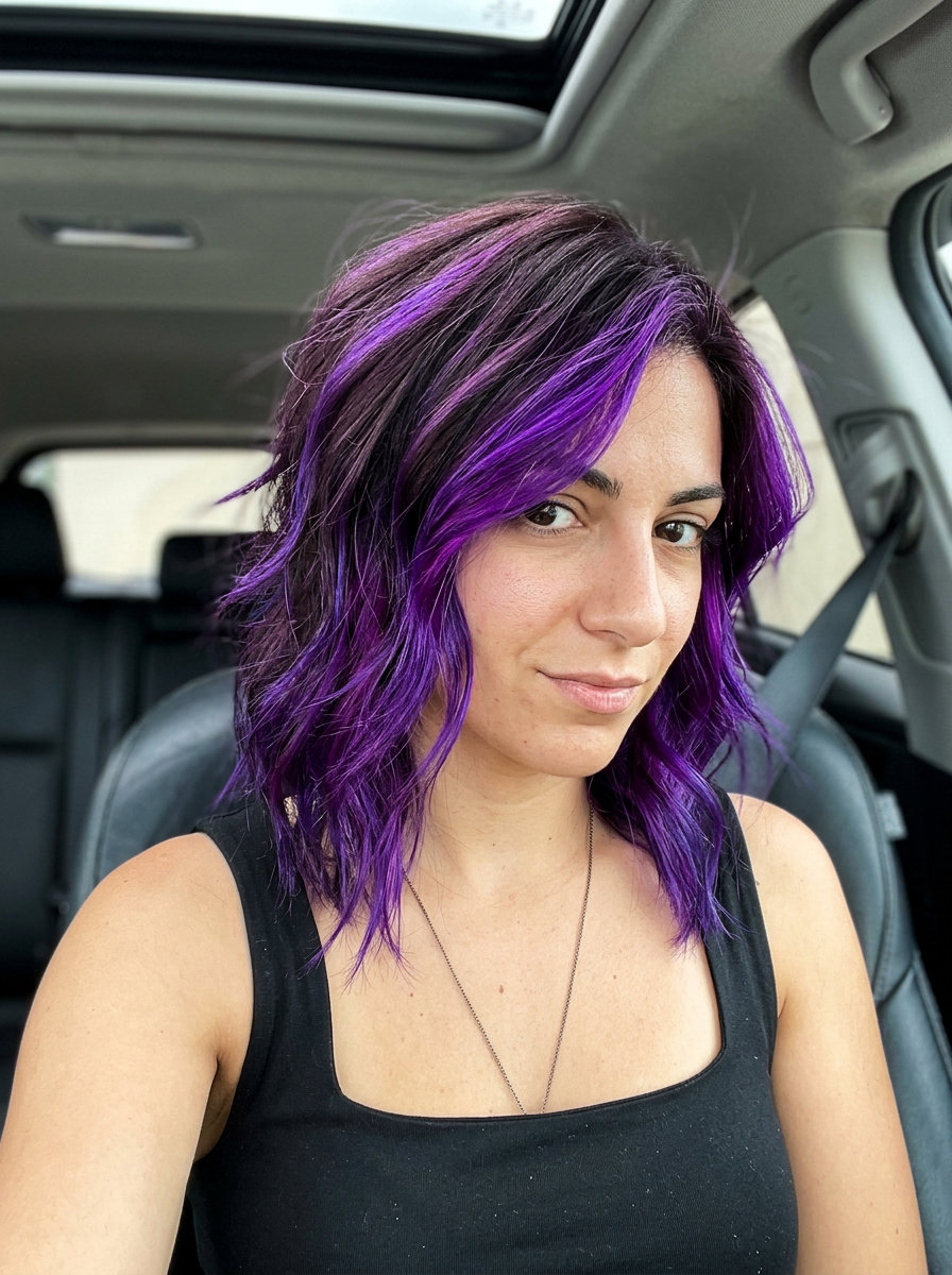 medium vivid violet accents on dark brunette for edgy rebellion