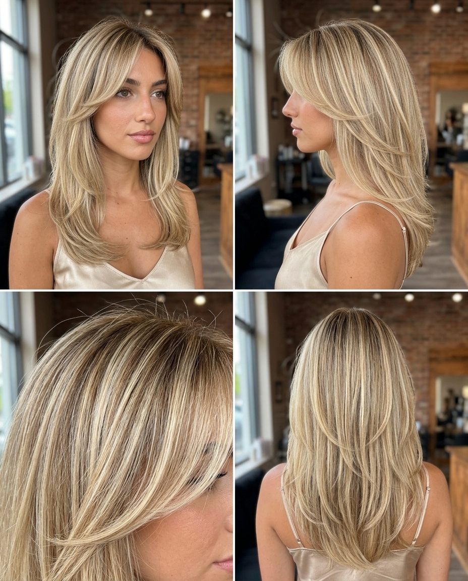 long warm blonde cascading layers with vanilla highlights and curtain bangs for summer