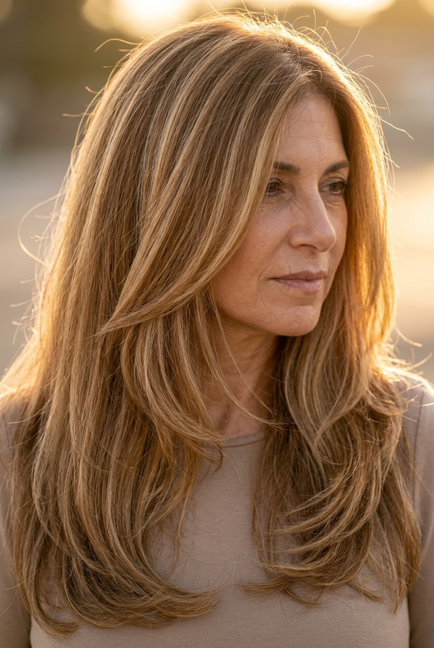 Caramel Cascade Haircut 2026: Romantic Layers long layered haircut in warm caramel with golden blonde balayage and face-framing pieces