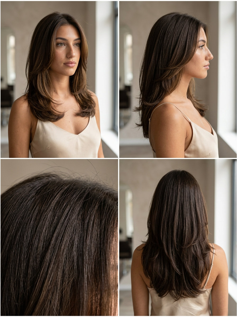 medium-long espresso brunette with butterfly layers and face-framing pieces for a soft, ethereal look