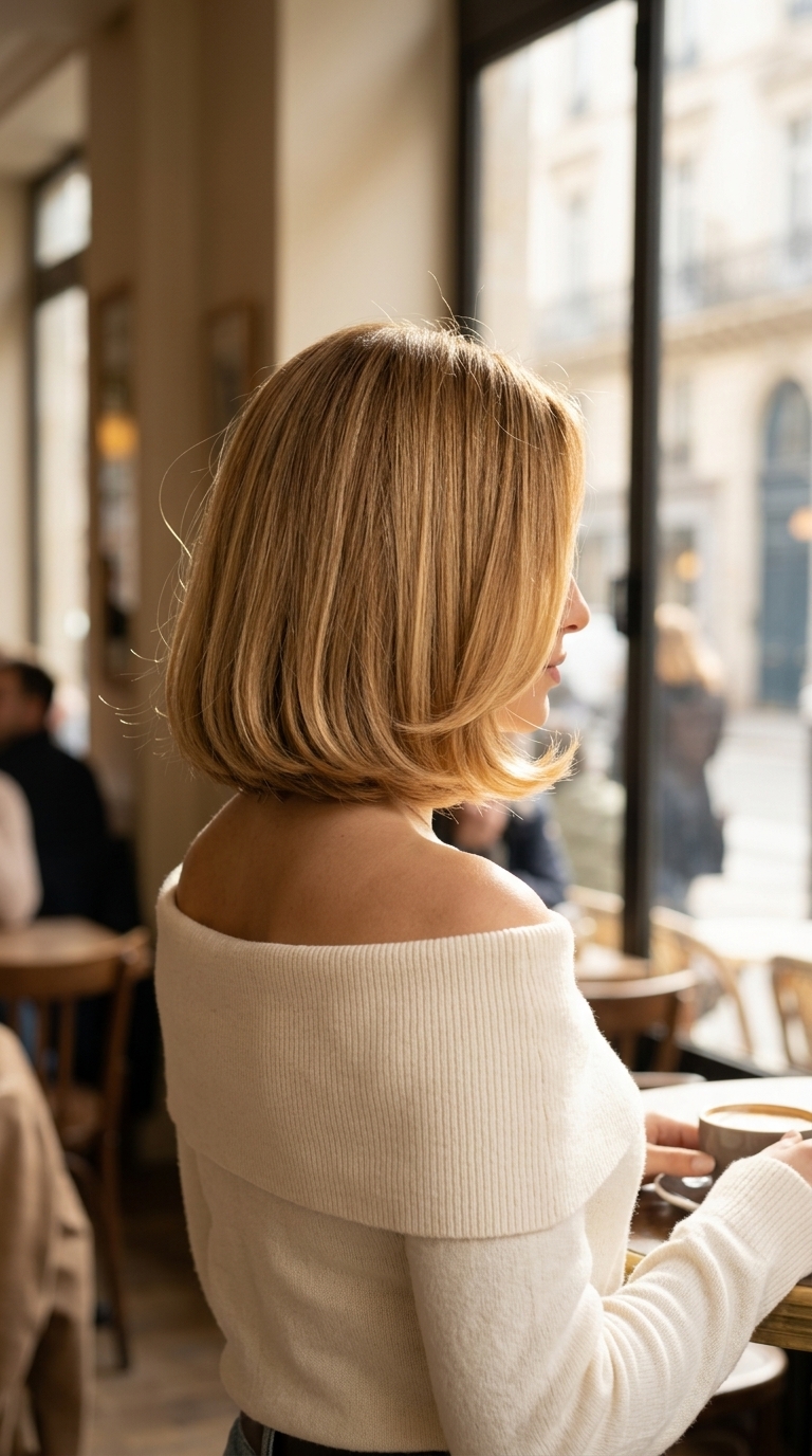 chin-length Italian blunt bob with warm golden blonde, honey highlights, no bangs — chic daily wear