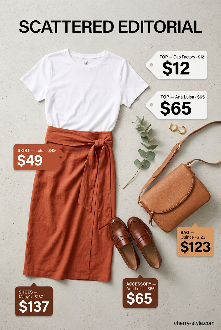 Artful Linen Wrap Skirt 2026 What to Wear with Linen Skirt Summer 2026: Rust linen wrap skirt with fitted tee, loafers, and crossbody bag for art events.