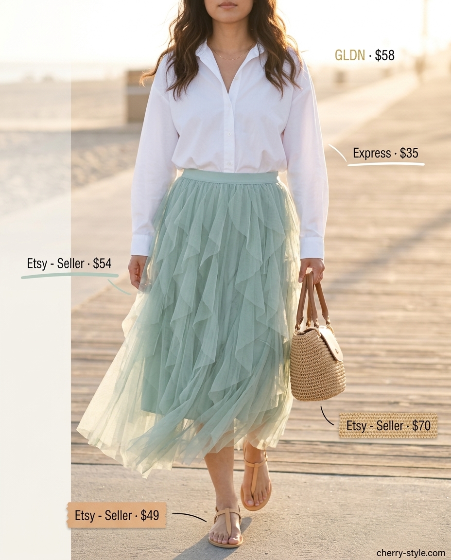 Linen Skirt Summer 2026: Beach Day Style What to Wear with Linen Skirt Summer 2026: Seafoam green linen skirt, white oversized shirt, tan sandals for beach day.