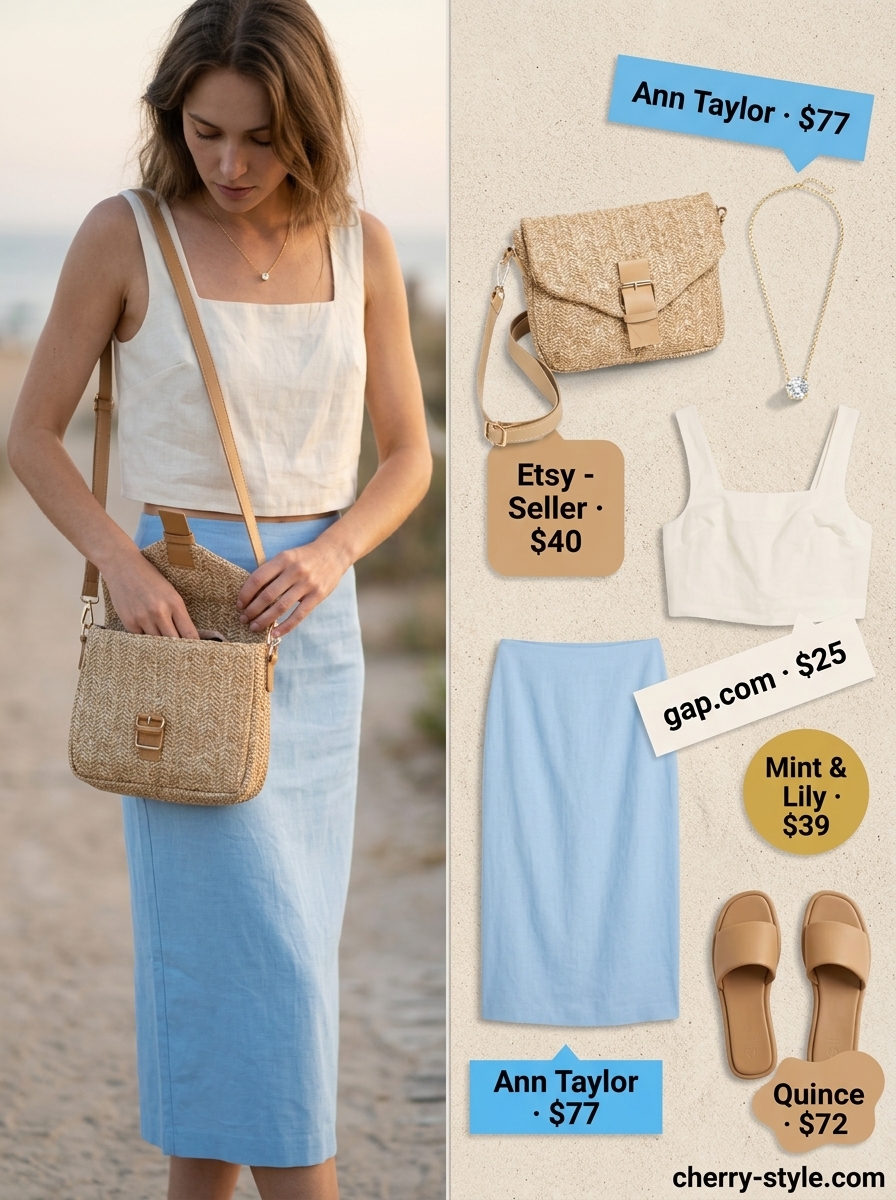Linen Skirt Summer 2026: Coastal Co-ord Style What to Wear with Linen Skirt Summer 2026: Sky blue linen co-ord set for brunch or vacation.